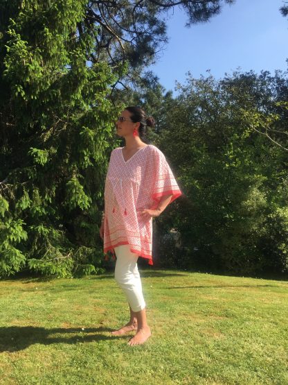 Tunique caftan d’été Resort wear EMMA Corail Tangerine de VILLA D’ISSI