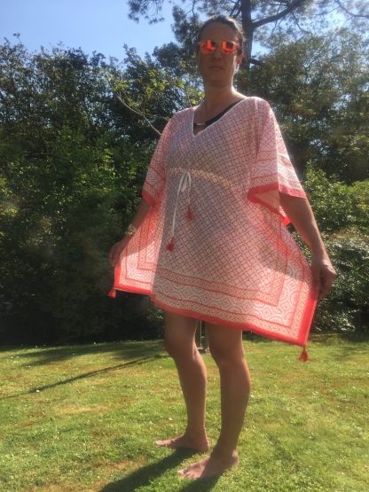 Tunique caftan d’été Resort wear EMMA Corail Tangerine de VILLA D’ISSI