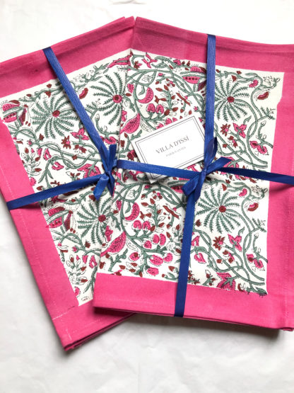 Set de table block print CYRIELLE en coton indien rose et vert de VILLA D'ISSI