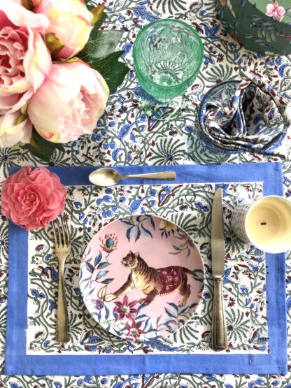 Set de table block print CYRIELLE en coton indien bleu et vert de VILLA D'ISSI