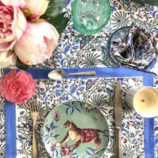 Set de table block print CYRIELLE en coton indien bleu et vert de VILLA D'ISSI