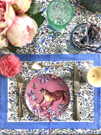 Set de table block print CYRIELLE en coton indien bleu et vert de VILLA D'ISSI