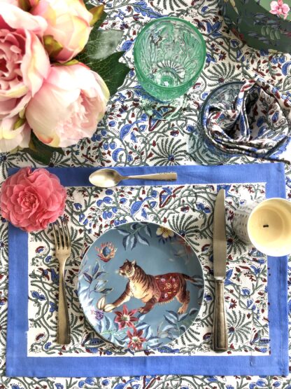 Set de table block print CYRIELLE en coton indien bleu et vert de VILLA D'ISSI