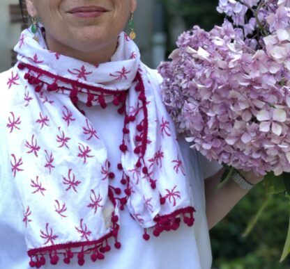 Paréo pour fille Foulard à pompons PALMIERS ROSES de VILLA D'ISSI