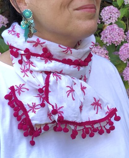 Paréo pour fille Foulard à pompons PALMIERS ROSES de VILLA D'ISSI